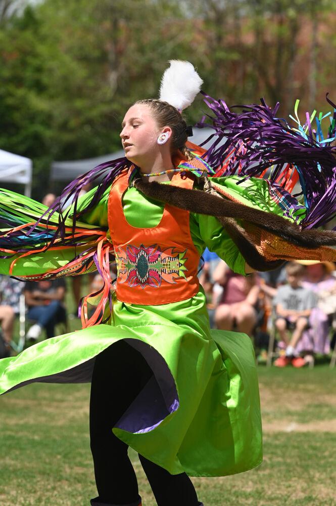 Aspen Watson shines brightly as she dances during NC State's 35th Annual Powwow at Miller Fields on Saturday, April 5, 2025. Powwow is hosted by the Multicultural Student Association as an event to bring together the NC State community and engage them in indigenous culture.
