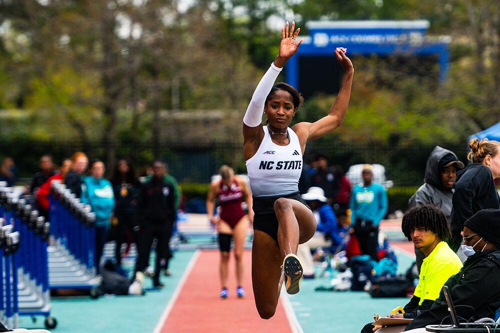 Senior jumper Jayda Hunter competes in the long jump event during the Duke Invitational in the Morris Williams Stadium on Saturday, April 13, 2025. Hunter placed first in her heat with a distance of 5.38 meters and first overall in the triple jump with distance of 12.55 meters.