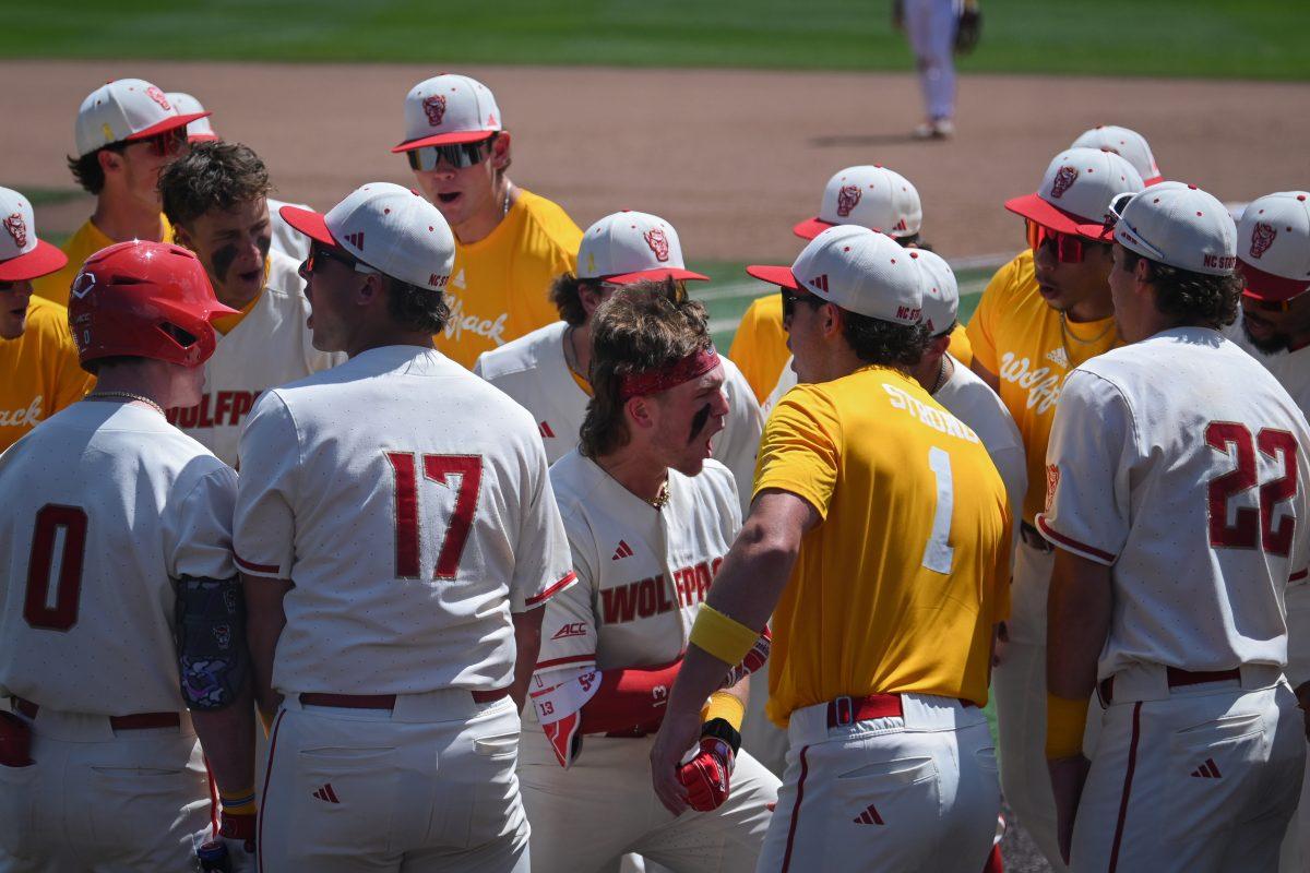 Sophomore catcher Alex Sosa celebrates a home run during the Wolfpack's home game against the Clemson Tigers on Doak Field at Dail Park on April 26, 2025. Sosa recorded one run on two hits for two RBI. The Wolfpack beat the number two ranked Tigers 4-1 to complete the series sweep on the second annual Victory Over Cancer Game.