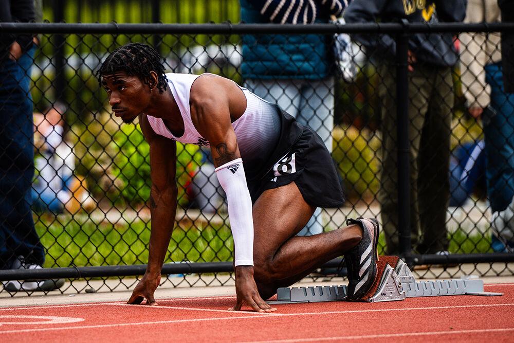 Freshman sprinter Brandon Harris gets ready for the 200m during the Duke Invitational in the Morris Williams Stadium on Saturday, April 13, 2025. Harris finished first in his heat with a time of 21.70.