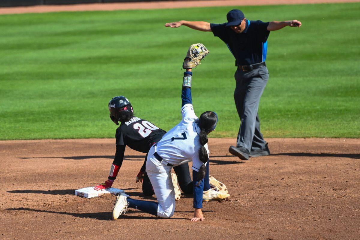 Junior outfielder MaKayla Marbury is ruled safe at second base during the first game of the doubleheader against Longwood at Dail Softball Stadium on Tuesday, April 15, 2025. NC State lost the game 1-0.