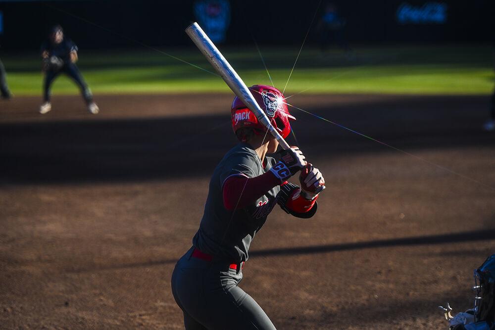Sophomore outfielder Tori Ensley prepares to hit the ball during the game against UNC-Wilmington at Dail Softball Stadium on Friday, Feb. 28, 2025. Ensley had one hit. NC State lost to UNC-Wilmington 5-4.