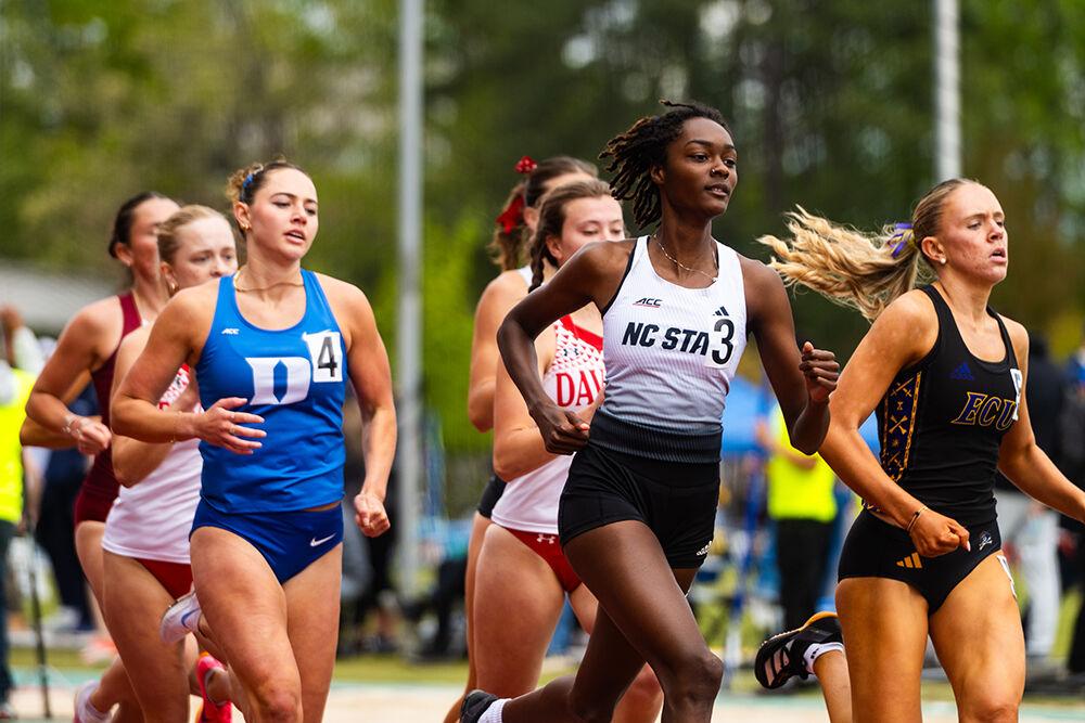 Sophomore sprinter Kyra Durrham runs in the 800m during the Duke Invitational in the Morris Williams Stadium on Saturday, April 13, 2025. Durham placed first in her heat with a time of 2:15.32.