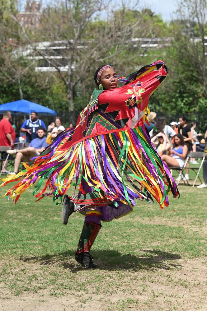 Cipher Azalea McGhee dances in her regalia during NC State's 35th Annual Powwow at Miller Fields on Saturday, April 5, 2025. The event featured Native business vendors, traditional drum groups and performances of different Indigenous dances.