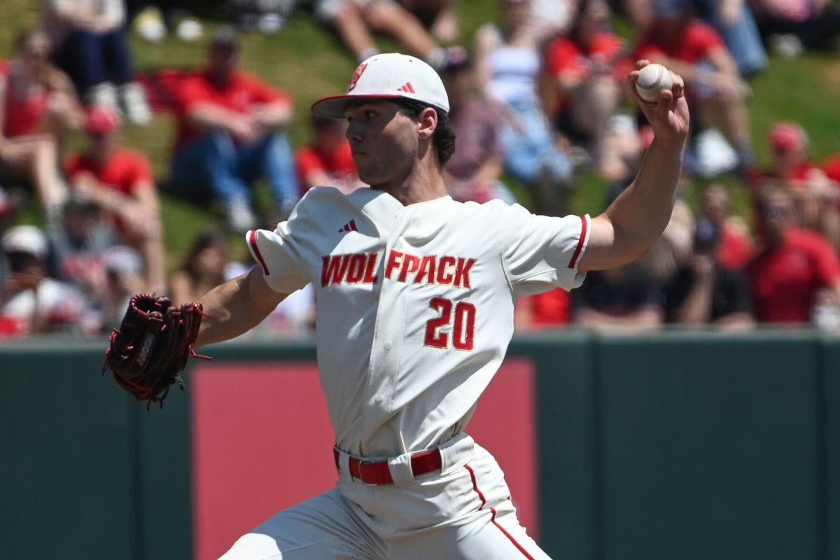 Sophomore pitcher Ryan Marohn pitches against the Clemson Tigers for game three of the series on Doak Field at Dail Park on April 26, 2025. Marohn gave up a solo home run in the first, but proceeded to give up zero runs in his next seven innings pitched. The Wolfpack beat the number two ranked Tigers 4-1 to sweep the series.
