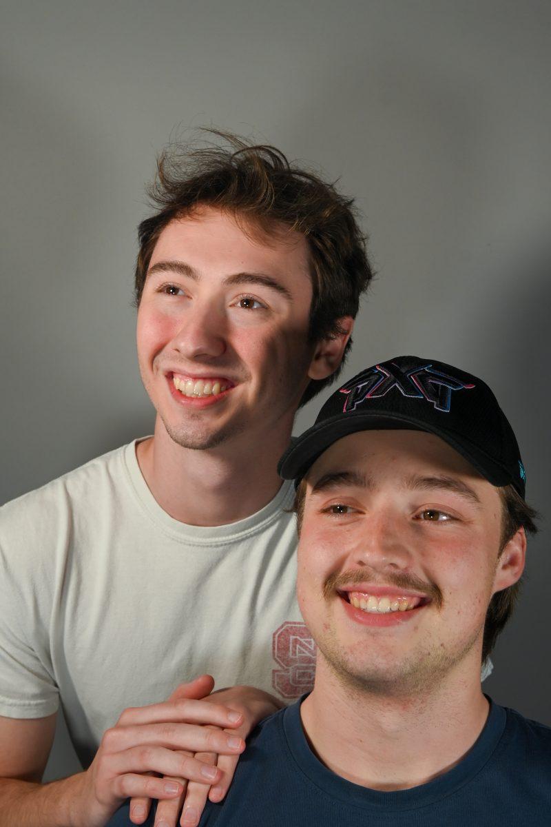 Aidan Carlson (left), a fourth-year studying statistics and Colby Trotter (right), a third-year studying communication pose for a portrait on Tuesday, April 1, 2025. Carlson served as one of Technician Vol. 105&#8217;s assistant sports editor, and Trotter served as the sports editor. The film &#8220;Step Brothers&#8221; (2008) inspired the photo.