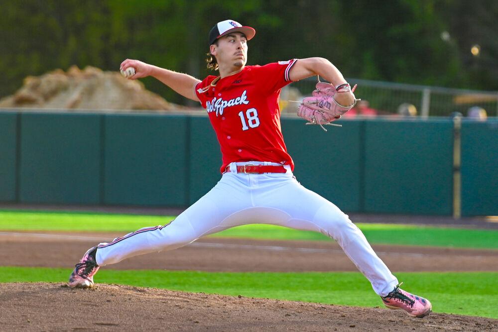 Sophomore pitcher Jaxson Lucas pitches during the game against UNC-Greensboro on Doak Field at Dail Park on Tuesday, April 1, 2025. Lucas struck out three batters. The Wolfpack defeated the Spartans 9-6.&#160;