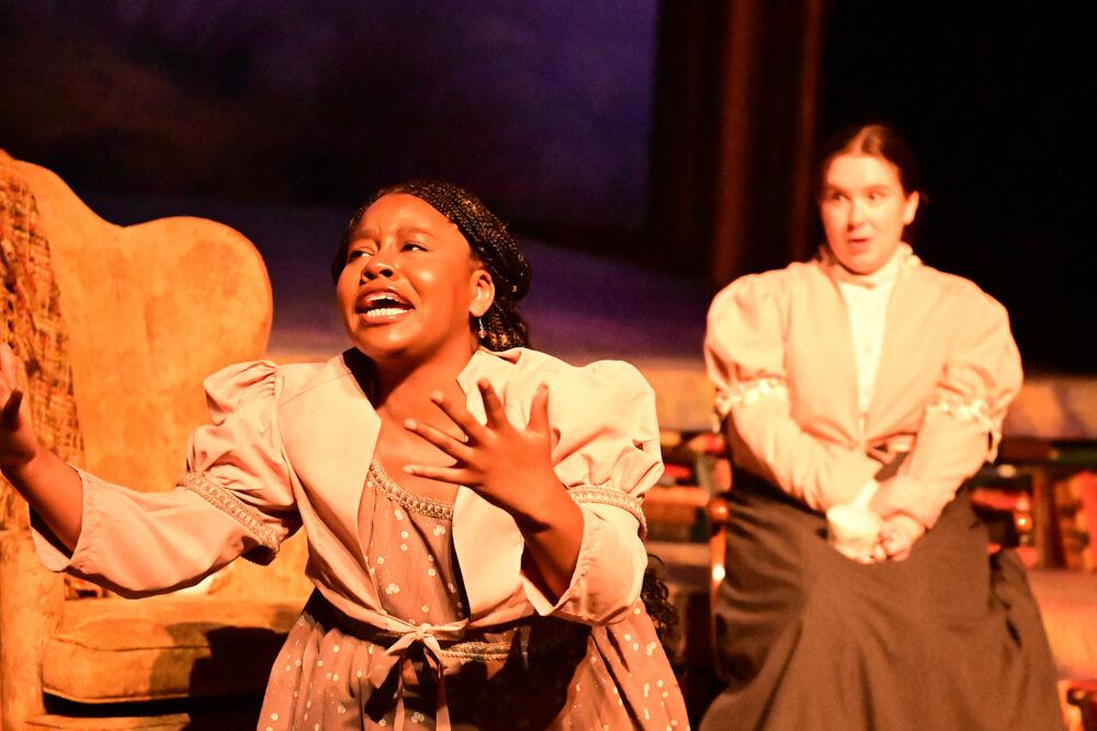 Dasha Royal, as Caroline, weeps during the dress rehearsal performance of "You on the Moors" at Frank Thompson Hall on Wednesday, April 2, 2025. "You on the Moors Now" reimagines classic literary heroines as they explore themes of love, betrayal and independence.