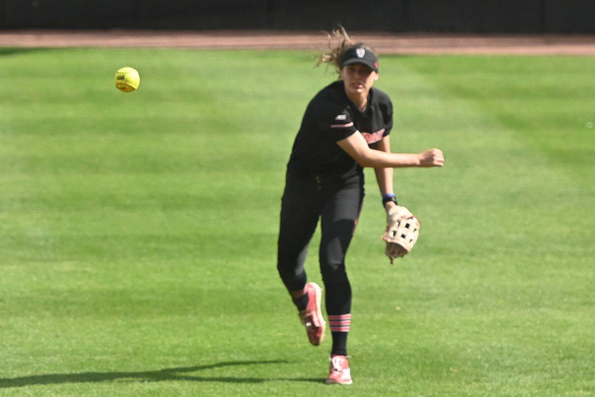 The softball travels through the air thrown by senior outfielder Taylor Ensley during the first game of the doubleheader against Longwood at Dail Softball Stadium on Tuesday, April 15, 2025. NC State lost the game 1-0.