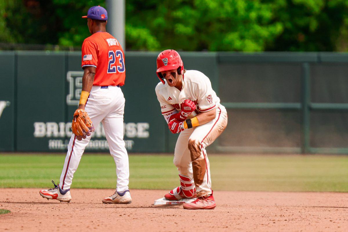 Sophomore catcher Alex Sosa screams after hitting a double during the annual "Victory over Cancer" game at Doak Field at Dail Park on Sunday, April, 27, 2025. Sosa had two hits and two RBI's during the game. NC State beat Clemson 4-1.
