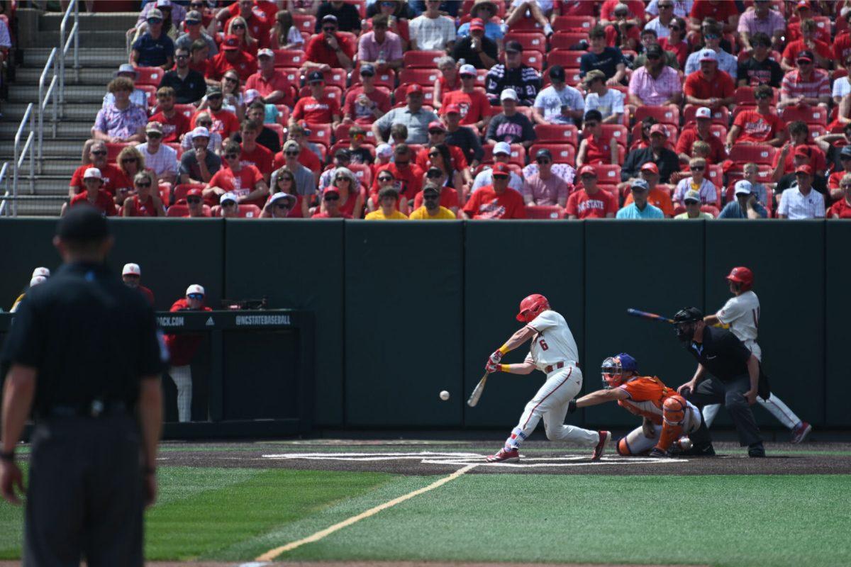 Junior infielder Matt Heavner hits during the Wolfpack's home game against the Clemson Tigers on Doak Field at Dail Park on April 26, 2025. The Wolfpack beat the Tigers 4-1.