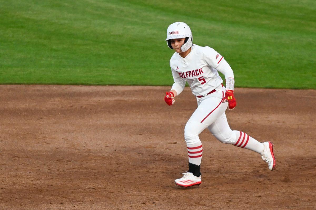 Freshman infielder Kendall Simmers runs to third base during the game against Virginia Tech at Dail Softball Stadium on Friday, April 5, 2025. Simmers hit a homreun. NC State lost the game 10-2.