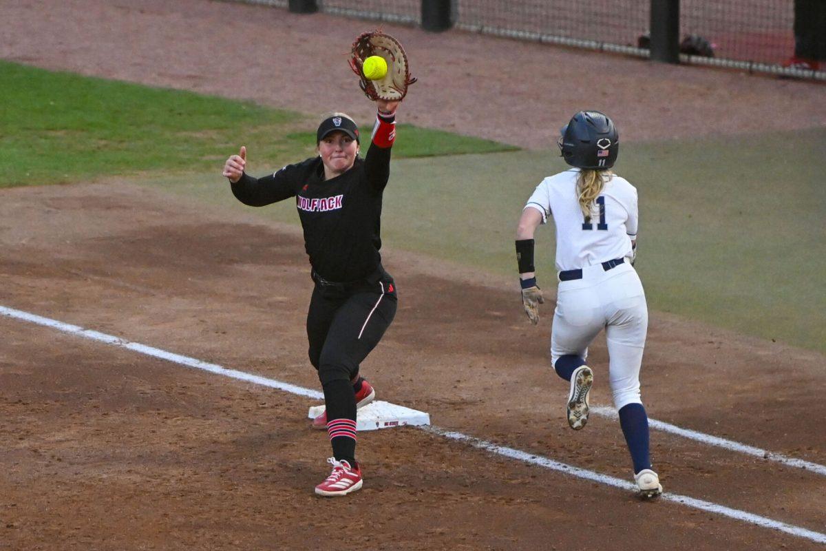 Freshman infielder Anna McGowan catches the ball during the second game of the doubleheader against Longwood at Dail Softball Stadium on Tuesday, April 15, 2025. NC State won the game 7-0.