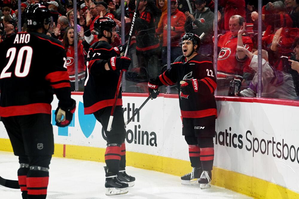 Center Logan Stankoven celebrates after scoring a goal during the game versus the Winnipeg Jets at the Lenovo Center on Sunday, March 9, 2025. Stankoven scored one goal for the Hurricanes. The Hurricanes beat the Jets 4-2.