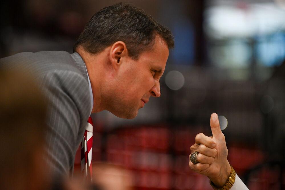 Will Wade gets a thumbs up after his introduction press conference in Reynolds Coliseum on Tuesday, March 25, 2025. The press confrence was held as an introduction for Coach Wade to NC States men's basketball team.