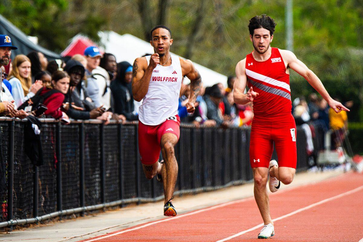 Sophomore sprinter Kyron Parker sprints in the 100m during the Duke Invitational at the Morris Williams Stadium on Friday, April 10, 2025. Parker finished with a time of 10.99.
