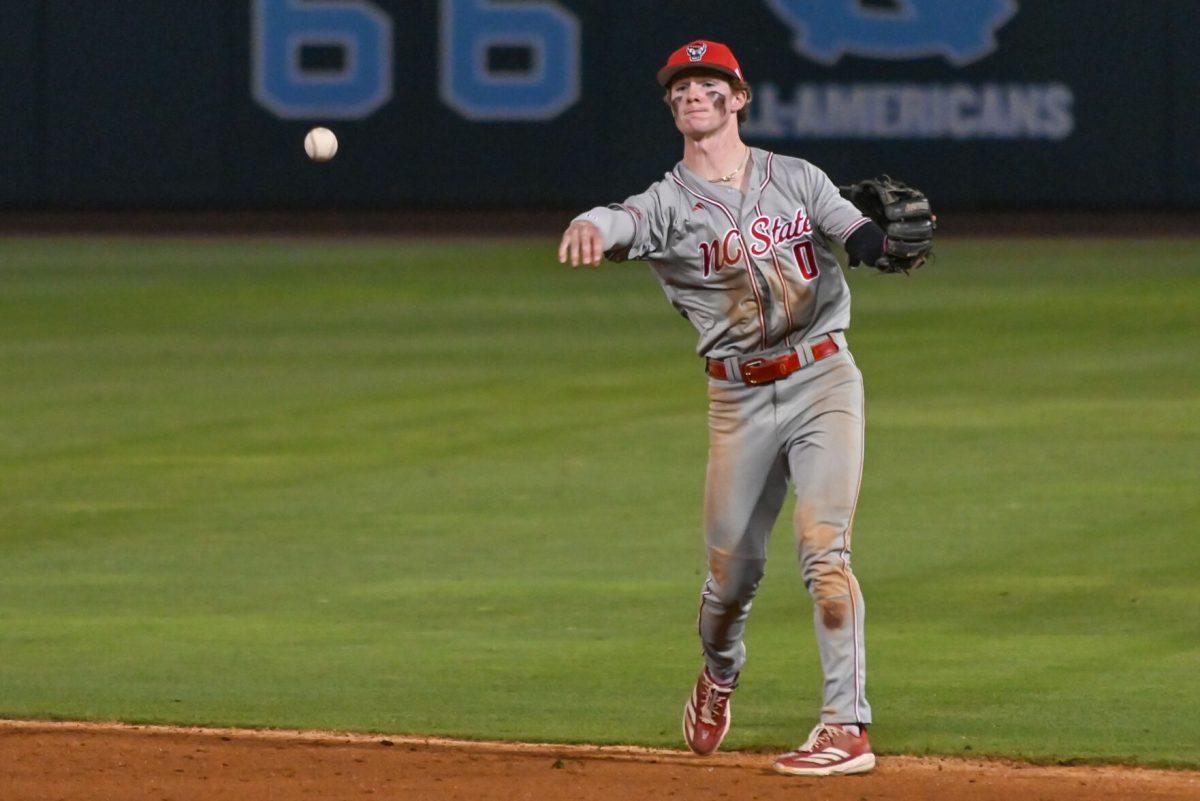 Sophomore infielder Luke Nixon throws to first during the game against UNC at Boshamer Stadium on Friday, May 9, 2025. Nixon went two-for-four and scored two runs. NC State beat UNC 8-5.