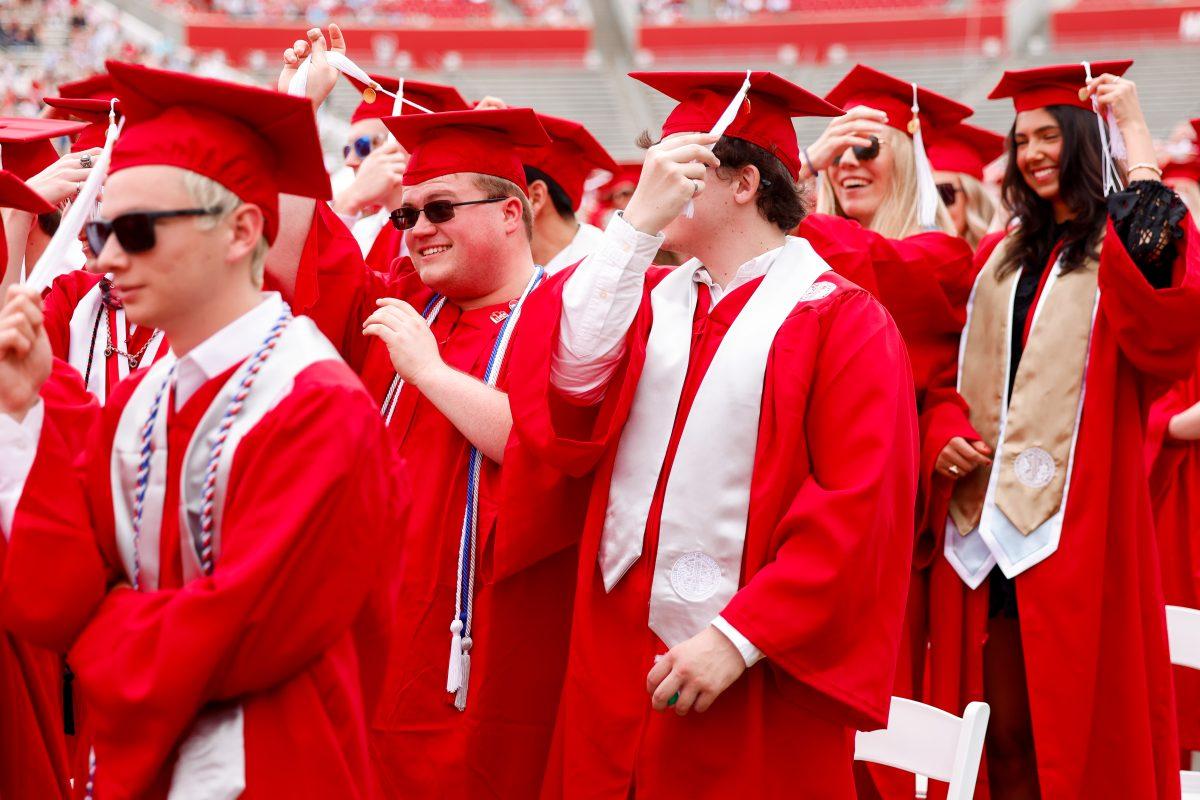 Robert Hull, electrical engineering school graduate, and Caleb Twigg, computer science school graduate, turn their tassels during the University Commencement ceremony in Carter-Finley Stadium on Saturday, May 3, 2025. Over 306 students graduated with Doctoral degrees at NC States 2025 Spring Commencement Ceremony.