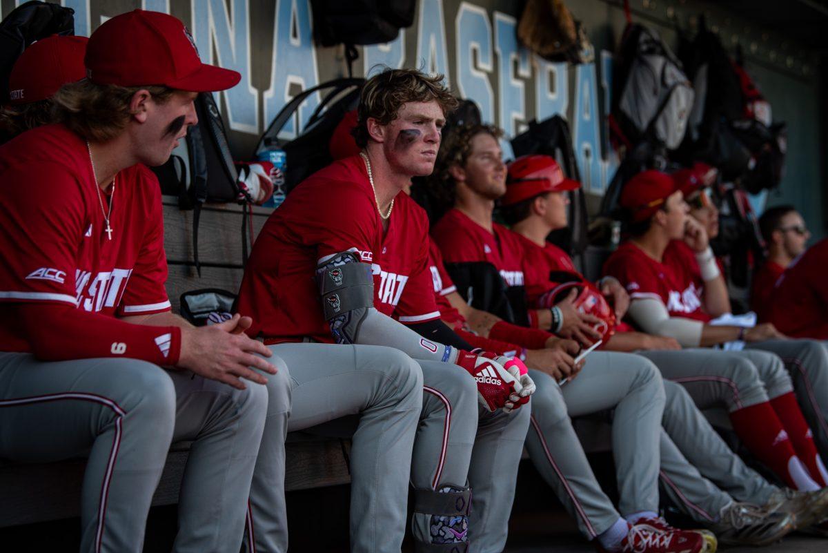 Sophomore infielder Luke Nixon focuses in the dugout before the game against UNC in Boshamer Stadium on Thursday, May 8, 2025. The Wolfpack lost to the Tar Heels 8-1.