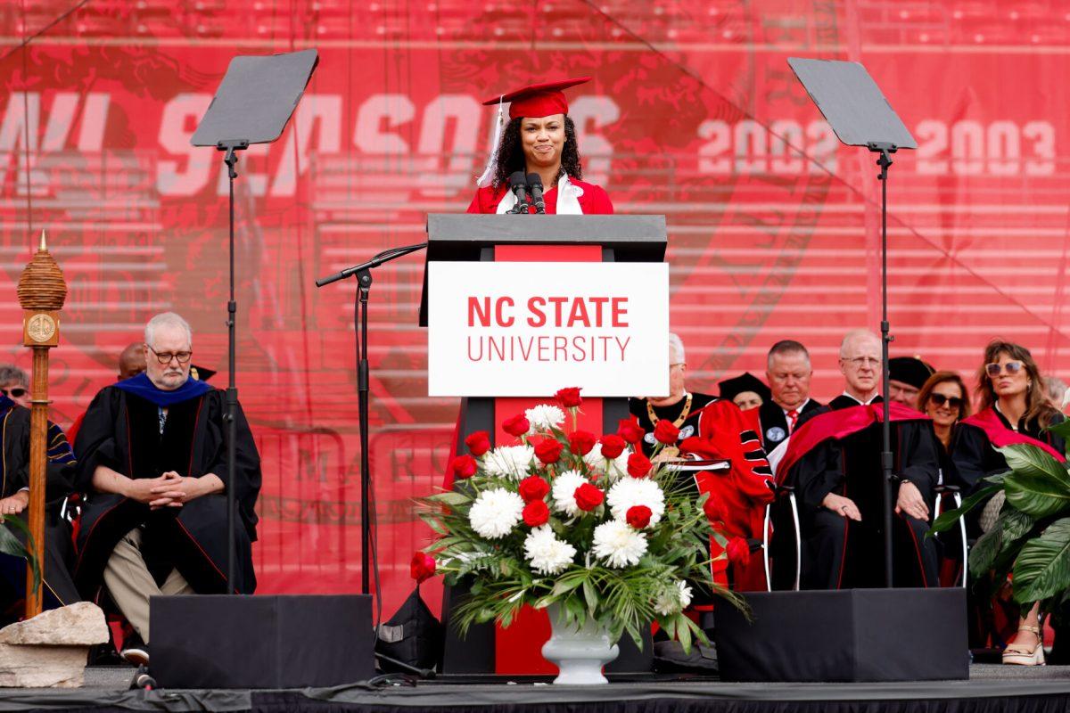 Terrica Lewis, a fourth year in communication speaks during her speech as she was recognized as the student speaker during the University Commencement ceremony in Carter-Finley Stadium on Saturday, May 3, 2025. Over 5,079 students graduated with Bachelor's degrees at NC States 2025 Spring Commencement Ceremony.