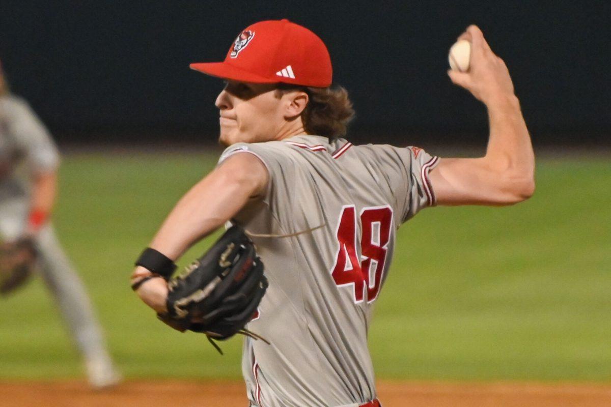 Junior right-handed pitcher Andrew Shaffner throws home during the game against UNC at Boshamer Stadium on Friday, May 9, 2025. NC State beat UNC 8-5.