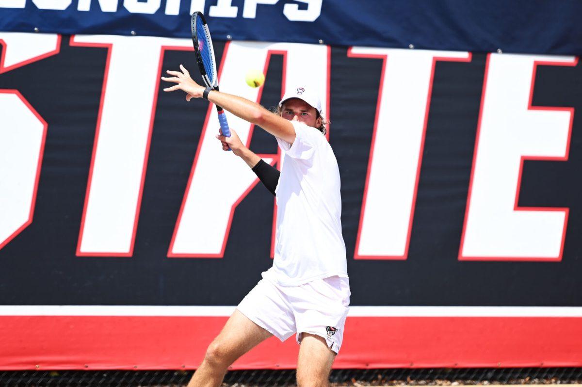 Junior Martin Borisiouk watches the ball during the NCAA first round match versus South Carolina State at J.W. Isenhour Tennis Center on Saturday, May 3, 2025. Borisiouk and Nedelchev won their doubles match 6-1. The Wolfpack beat the Bulldogs 4-0.
