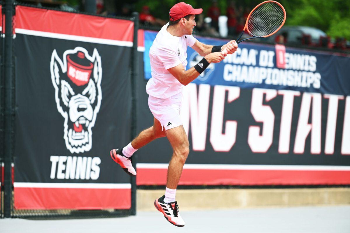Senior Luca Staeheli jumps during the NCAA first round match versus South Carolina State at J.W. Isenhour Tennis Center on Saturday, May 3, 2025. Staeheli won his singles match 2-0 (6-1, 6-1). The Wolfpack beat the Bulldogs 4-0.