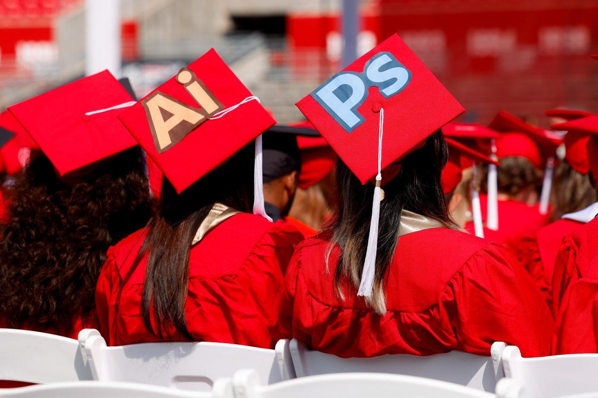 Decorated graduation caps on display during the Spring Commencment Ceremony at Certer-Finley Stadium on May 3, 2025.
