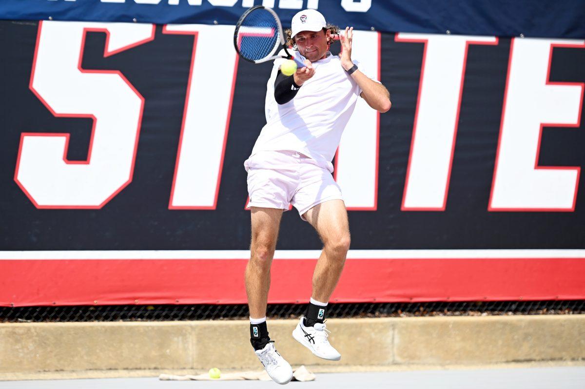 Junior Martin Borisiouk returns the ball during the NCAA first round match versus South Carolina State at J.W. Isenhour Tennis Center on Saturday, May 3, 2025. Borisiouk and Nedelchev won their doubles match 6-1. The Wolfpack beat the Bulldogs 4-0.