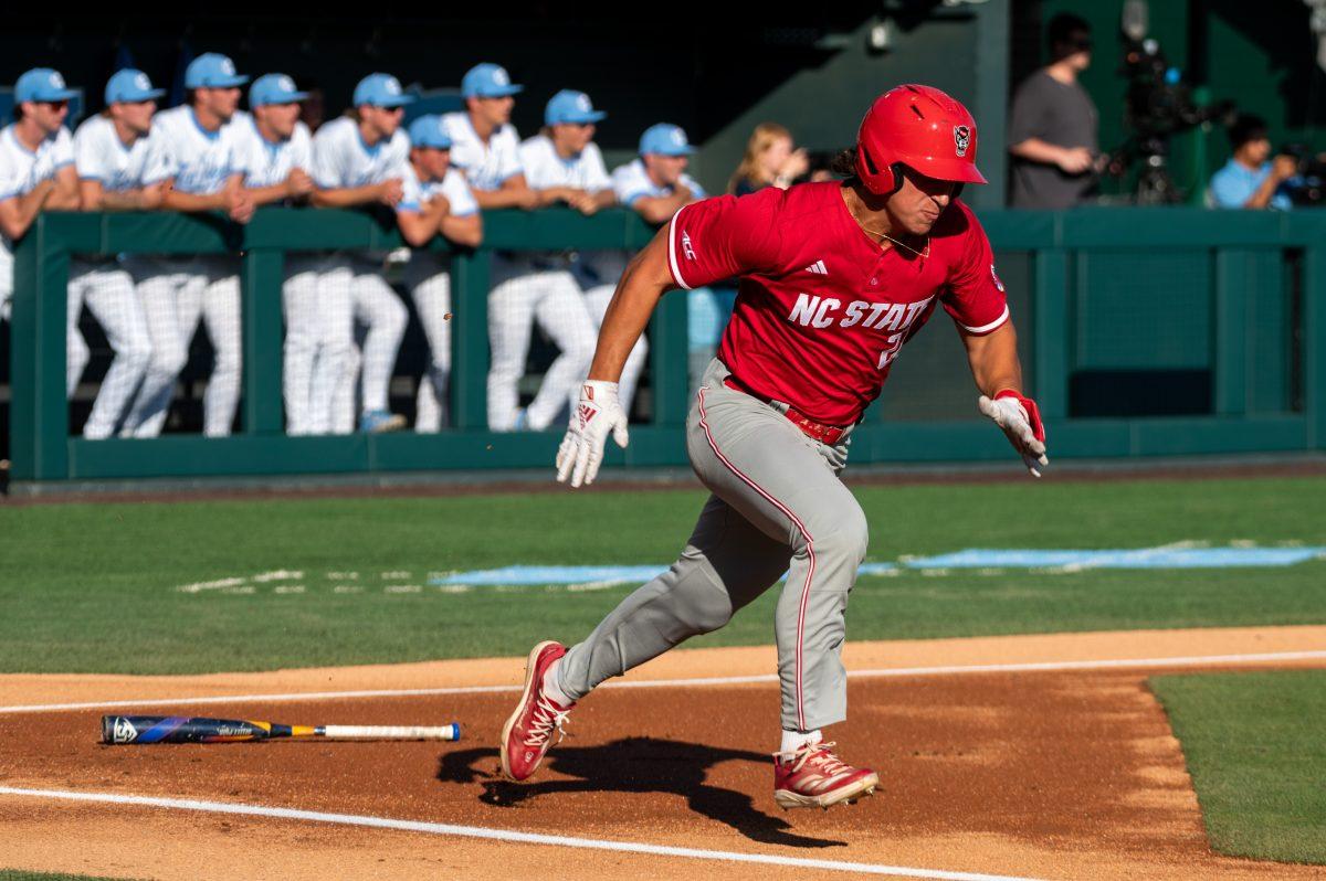 Sophomore infielder Chris McHugh attempts to beat out a ground ball during the game against UNC in Boshamer Stadium on Thursday, May 8, 2025. The Tar Heels beat the Wolfpack 8-1.