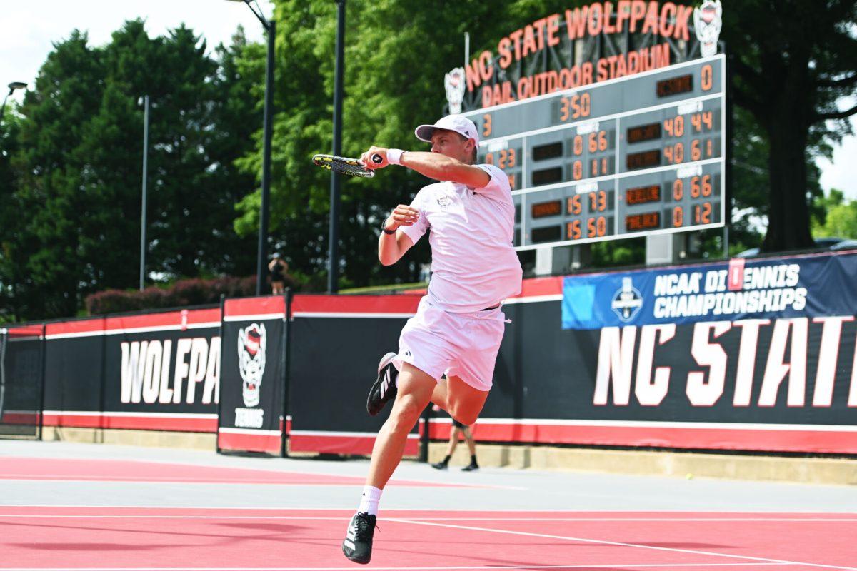 Senior Fons Van Sambeek follows through during the NCAA first round match versus South Carolina State at J.W. Isenhour Tennis Center on Saturday, May 3, 2025. Manning and Van Sambeek won their doubles match 6-0. The Wolfpack beat the Bulldogs 4-0.