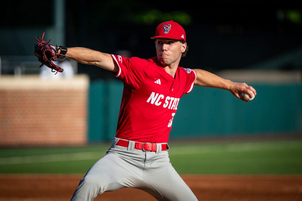 Sophomore left-handed pitcher Ryan Marohn fires a pitch during the game against UNC in Boshamer Stadium on Thursday, May 8, 2025. Marohn pitched 6.1 innings and tallied three strikeouts. The Tar Heels beat the Wolfpack 8-1.