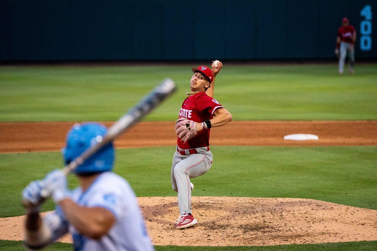 Sophomore right-handed pitcher Jaxon Lucas fires a pitch during the game against UNC in Boshamer Stadium on Thursday, May 8, 2025. The Tar Heels beat the Wolfpack 8-1.