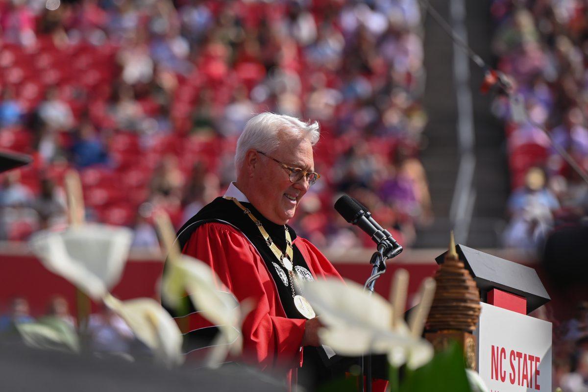 Chancellor Randy Woodson speaks to the graduates during the Spring Commencement Ceremony at Carter-Finley Stadium on May 3, 2025. The event was Woodson's last commencement after serving as chancellor of NC State for 14 years.