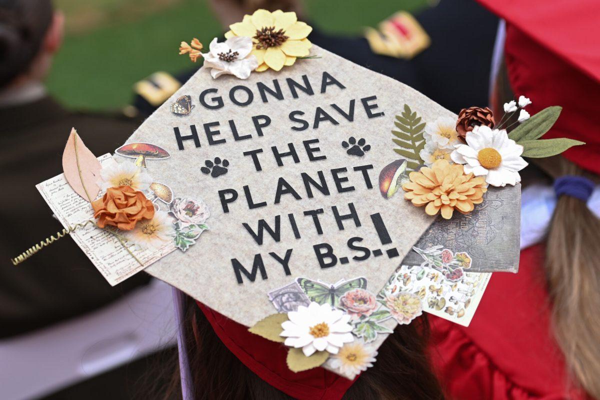 Decorated graduation caps on display during the Spring Commencement Ceremony at Carter-Finley Stadium on May 3, 2025.