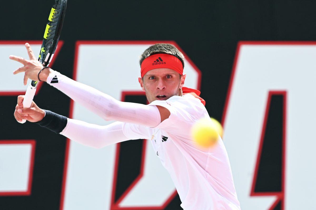 Freshman Nikolay Nedelchev watches the ball during the NCAA first round match versus South Carolina State at J.W. Isenhour Tennis Center on Saturday, May 3, 2025. Borisiouk and Nedelchev won their doubles match 6-1. Nedelchev won his singles match 2-0 (6-1, 6-2). The Wolfpack beat the Bulldogs 4-0.