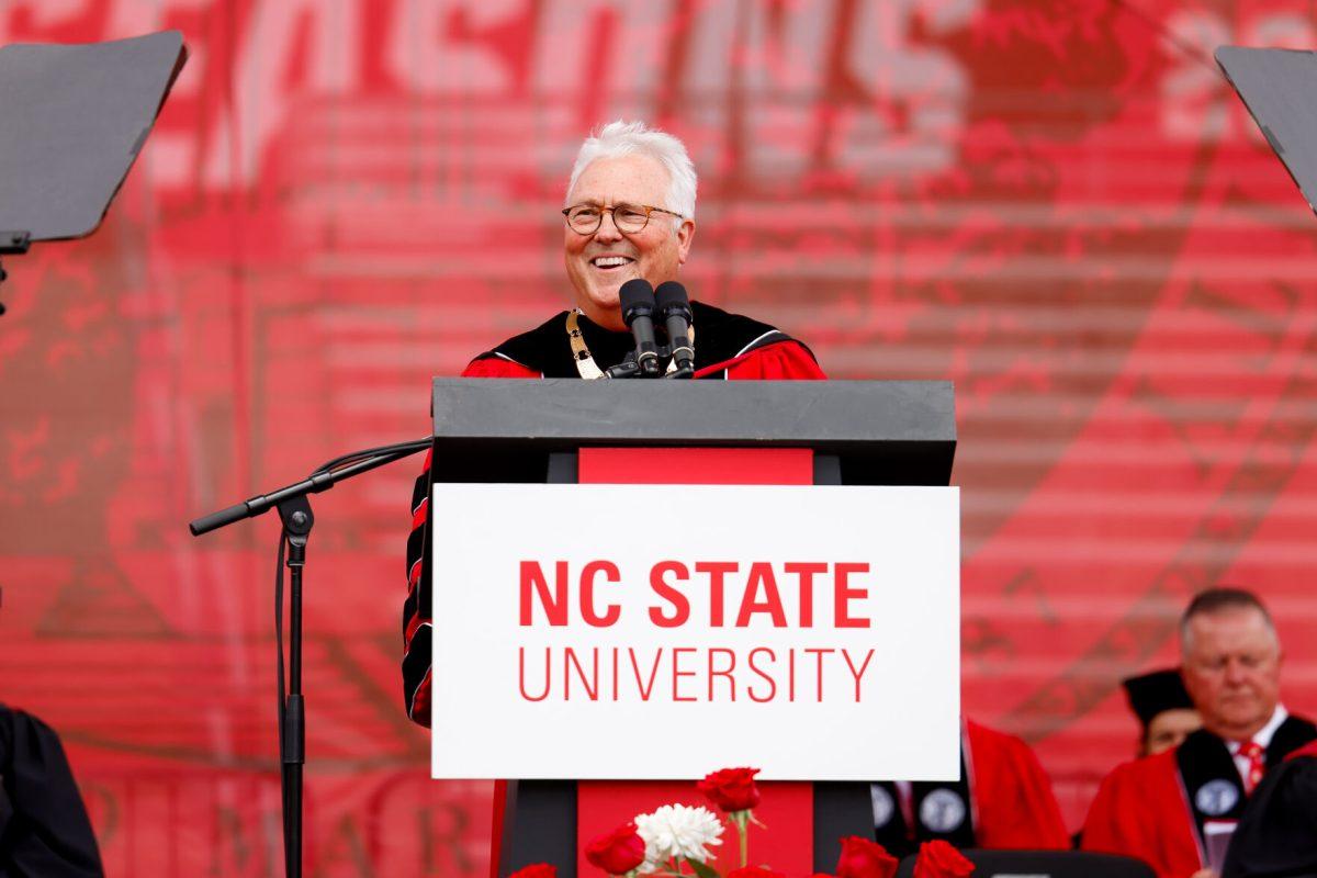 Chancellor Randy Woodson speaks during the University Commencement ceremony in Carter-Finley Stadium on Saturday, May 3, 2025. This commencement ceremony was Woodson's last after serving as Chancellor of NC State for 14 years.