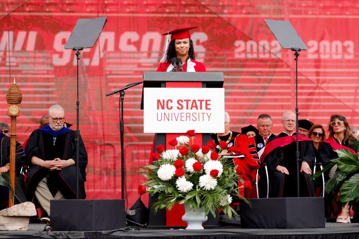 Terrica Lewis, a fourth year in communication speaks during her speech as she was recognized as the student speaker during the University Commencement ceremony in Carter-Finley Stadium on Saturday, May 3, 2025. Over 5,079 students graduated with Bachelor's degrees at NC States 2025 Spring Commencement Ceremony.