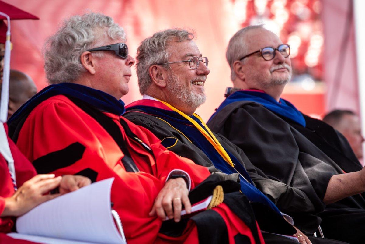 Dr. Clyde Sorenson smiles on stage during the University Commencement ceremony in Carter-Finley Stadium on Saturday, May 3, 2025. Sorenson received the UNC Board of Governors Award for Excellence in Teaching for NC State University.