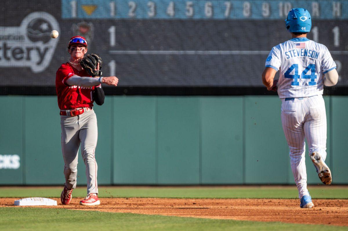 Sophomore infielder Luke Nixon turns a double play during the game against UNC in Boshamer Stadium on Thursday, May 8, 2025. The Tar Heels beat the Wolfpack 8-1.