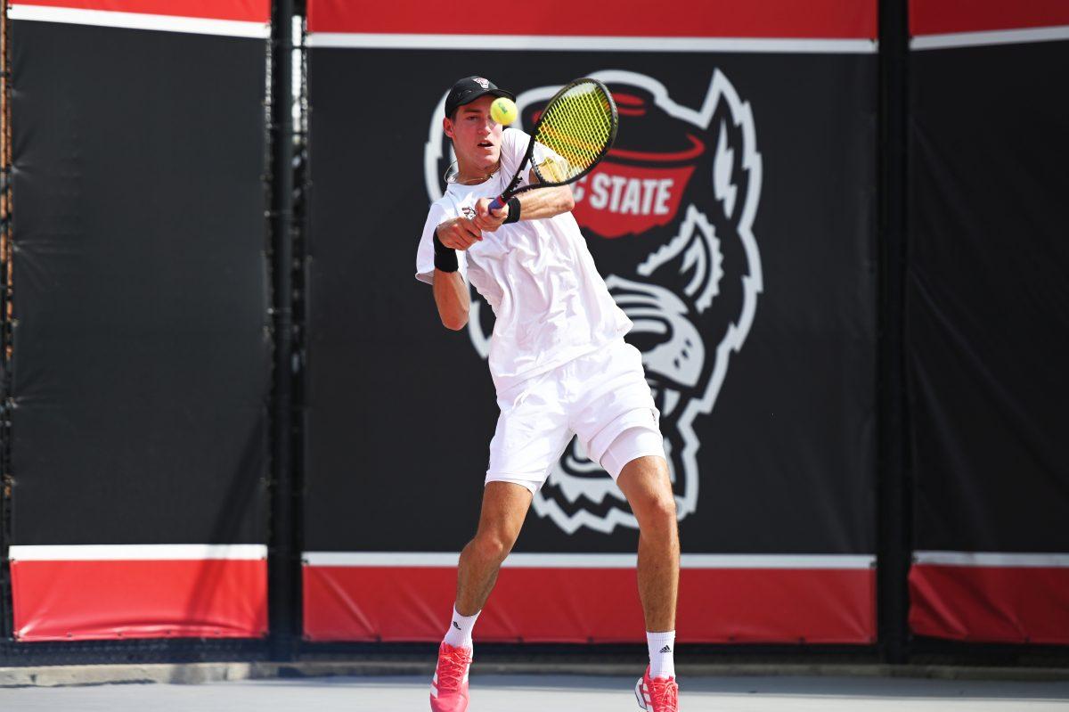Redshirt freshman William Manning returns the ball during the NCAA first round match versus South Carolina State at J.W. Isenhour Tennis Center on Saturday, May 3, 2025. Manning and Van Sambeek won their doubles match 6-0. The Wolfpack beat the Bulldogs 4-0.