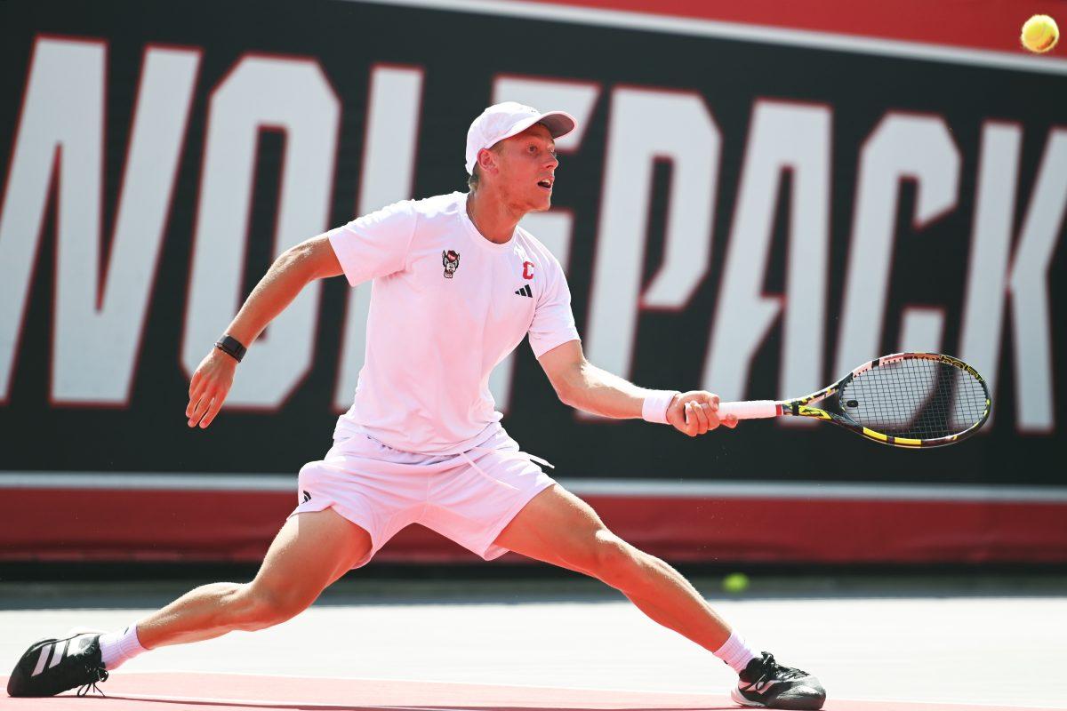 Senior Fons Van Sambeek lunges for the ball during the NCAA first round match versus South Carolina State at J.W. Isenhour Tennis Center on Saturday, May 3, 2025. Manning and Van Sambeek won their doubles match 6-0. The Wolfpack beat the Bulldogs 4-0.