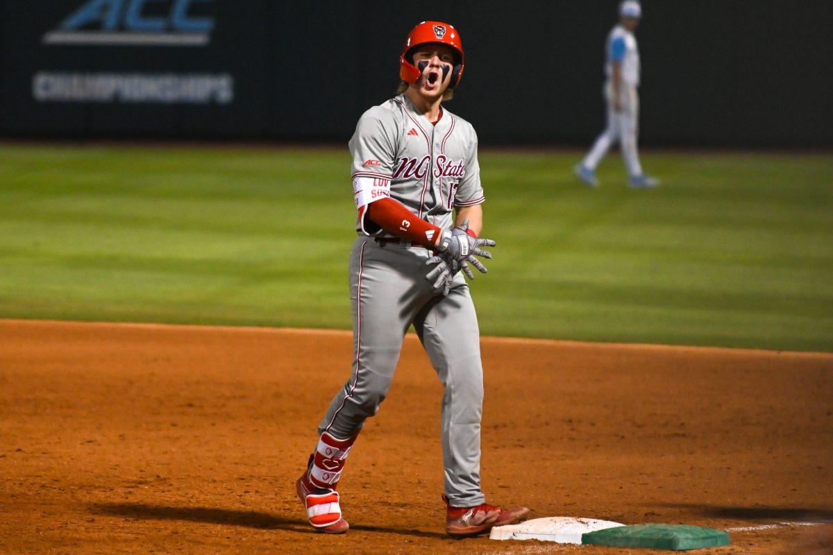 Sophomore catcher Alex Sosa celebrates after a run-scoring single during the game against UNC at Boshamer Stadium on Friday, May 9, 2025. Sosa had two hits and an RBI. NC State beat UNC 8-5.