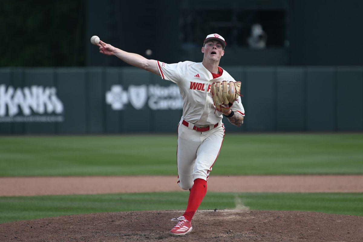 Sophomore pitcher Jacob Dudan pitches against the Clemson Tigers at Doak Field at Dail Park on Saturday, April 26, 2025. Dudan struck out all three batters faced in the ninth inning in relief of sophomore starting pitcher Ryan Marohn. The Wolfpack beat the number two ranked Tigers 4-1 to complete the sweep and continue a seven game and four series winning streak.