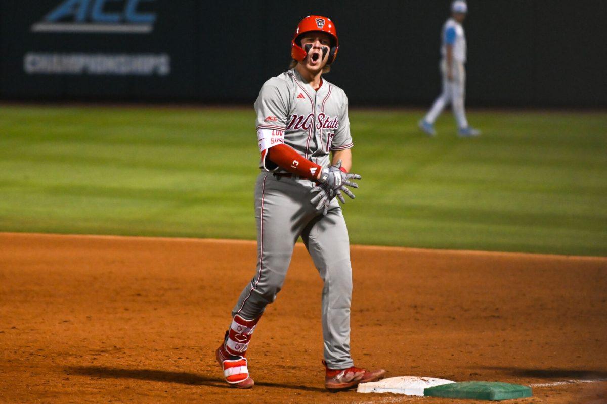 Sophomore catcher Alex Sosa celebrates after a run-scoring single during the game against UNC at Boshamer Stadium on Friday, May 9, 2025. Sosa had two hits and an RBI. NC State beat UNC 8-5.
