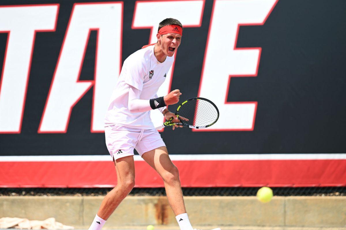 Freshman Nikolay Nedelchev celebrates during the NCAA first round match versus South Carolina State at J.W. Isenhour Tennis Center on Saturday, May 3, 2025. Borisiouk and Nedelchev won their doubles match 6-1. Nedelchev won his singles match 2-0 (6-1, 6-2). The Wolfpack beat the Bulldogs 4-0.